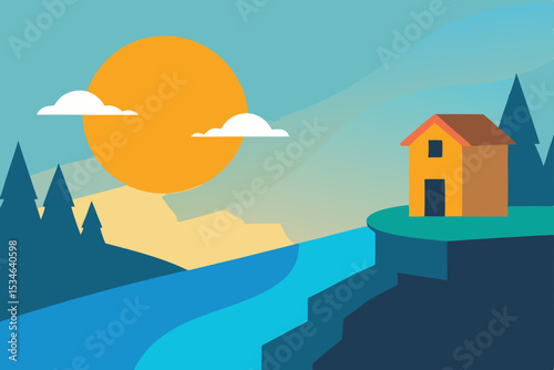 Serene Lakeside House A Minimalist Landscape Illustration