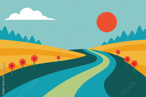 Serene Winding River Path A Summer Landscape Illustration
