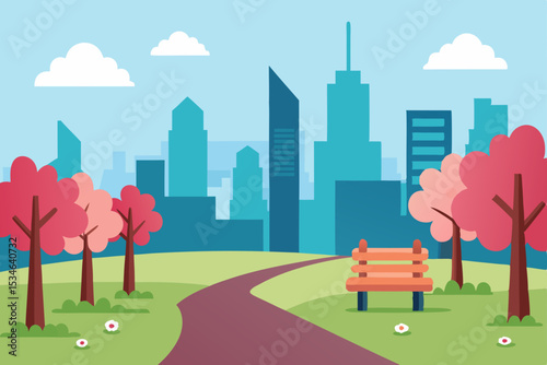 City Park Spring Landscape Serene Urban Oasis, Peaceful Bench, Blooming Trees