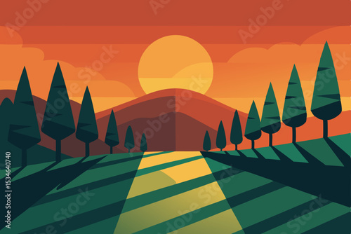 Sunset Landscape Serene Hillside with Cypress Trees and Long Shadows