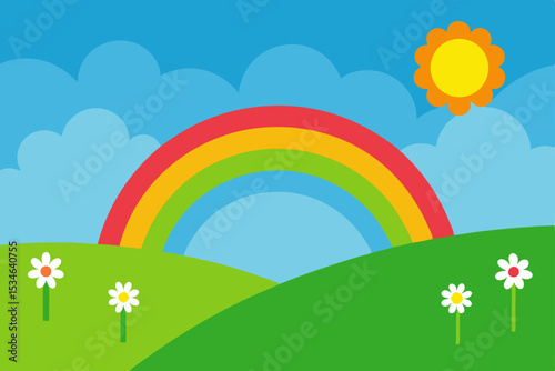 Vibrant Rainbow over Rolling Hills A Sunny Day Illustration