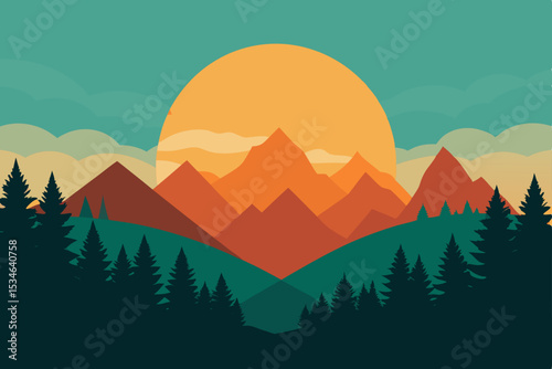 Sunset Mountain Landscape A Vibrant Retro Illustration of Majestic Peaks and Evergreen Forests