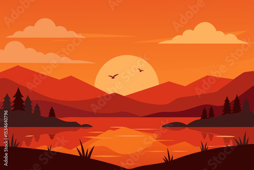Serene Sunset Landscape Minimalist Mountain Lake Silhouette Illustration