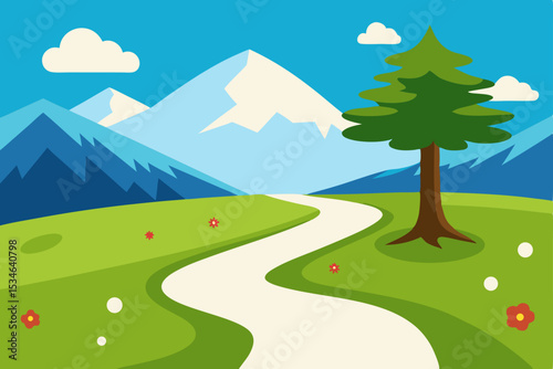 Serene Mountain Landscape Winding Path to Tranquil Peaks
