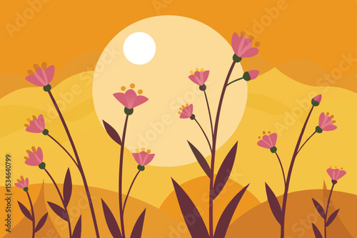 Sunset Meadow Serene Floral Illustration with Warm Hues and Simple Design
