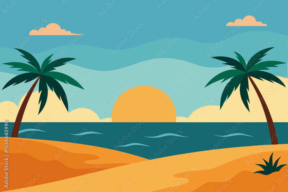 Obraz premium Sunset Beach Scene Tropical Paradise Illustration