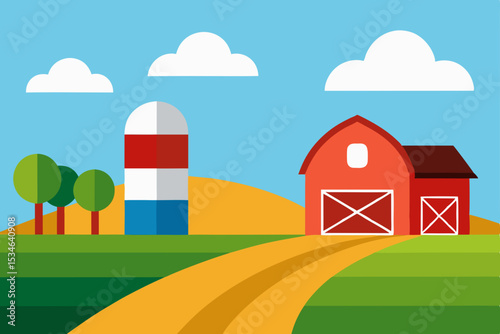 Charming Rural Farm Scene Red Barn, Silo, and Rolling Hills Illustration