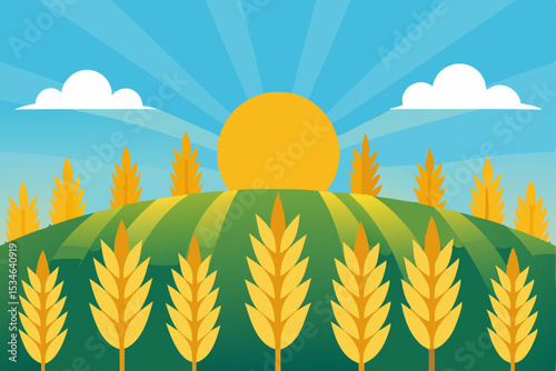 Golden Wheat Field Sunrise A Serene Landscape Illustration