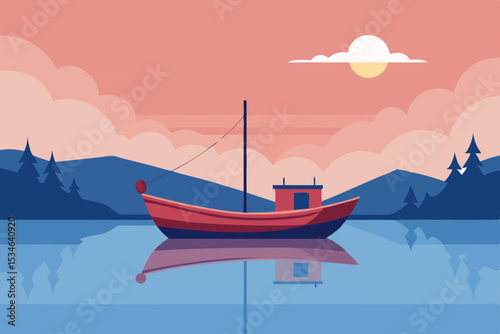 Serene Sunset A Tranquil Fishing Boat on Calm Waters