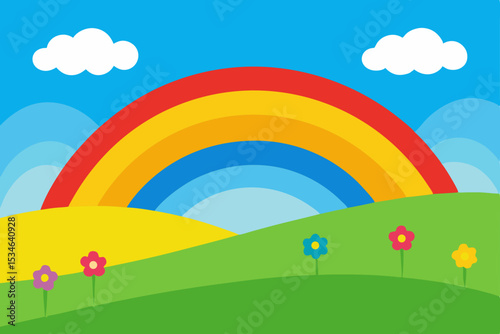 Vibrant Rainbow over Rolling Hills A Colorful Nature Illustration