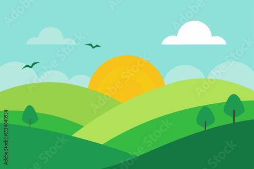 Serene Sunrise Over Rolling Green Hills A Peaceful Landscape Illustration