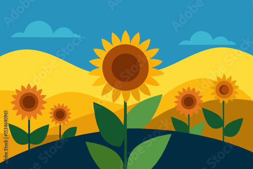 Vibrant Sunflowers in a Rolling Yellow Field A Summer Landscape Illustration