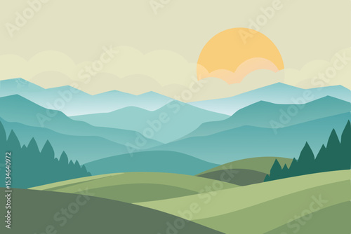 Serene Sunrise Mountain Landscape A Peaceful Vista of Rolling Hills and Misty Peaks