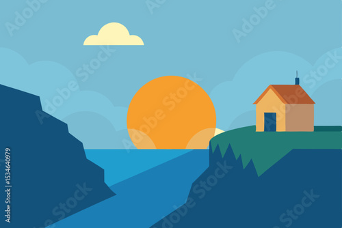 Serene Sunset Coastal Cottage Minimalist Landscape Illustration