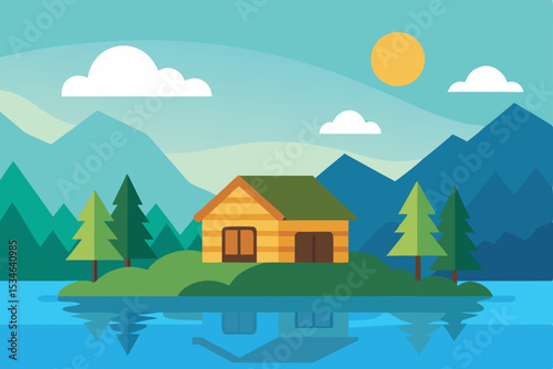 Serene Mountain Cabin Retreat Lakeside Escape Illustration