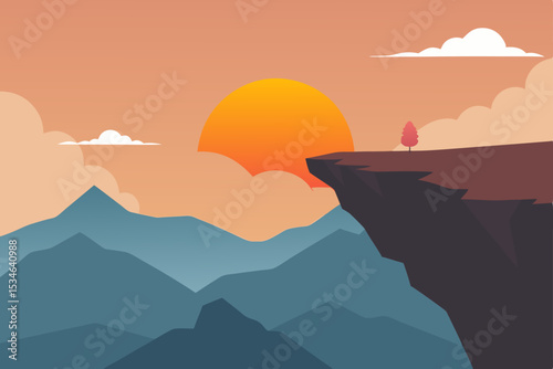 Sunset over Mountain Cliff A Serene Landscape Illustration