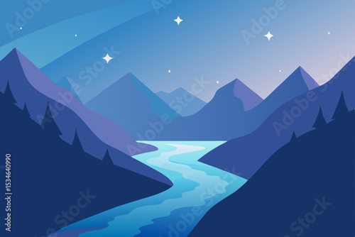 Serene Night Landscape Starry Sky, Mountains, and River