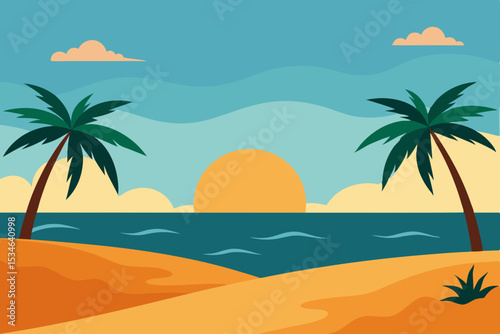 Sunset Beach Scene Tropical Paradise Illustration
