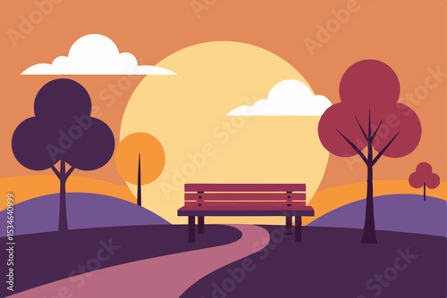 Serene Sunset Park Bench Autumnal Evening Tranquility