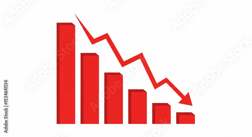 This high-quality vector image features a red bar graph with six descending rectangular prism bars and a jagged red arrow pointing downwards, all with fine details.