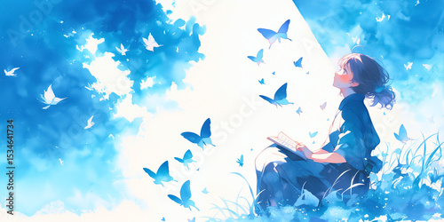 蝶と戯れる少女。水彩画。イラスト。