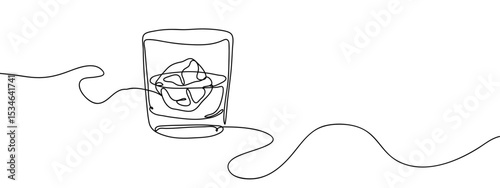 Continuous line, ice cubes and liquor glass, on the rocks Hand drawn vector art lines on transparent background. Editable strokes.