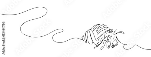 Continuous line, hermit crab Hand drawn vector art lines on transparent background. Editable strokes.