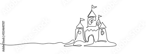 Continuous line, sand castle, summer, beach Hand drawn vector art lines on transparent background. Editable strokes.
