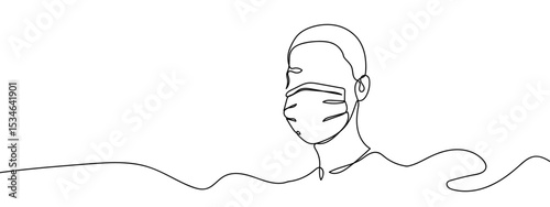 Continuous line, person wearing a mask Hand drawn vector art lines on transparent background. Editable strokes.