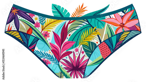 Colorful bikini panties with tropical floral print and stretch waistband lie on white. The vibrant patterns and feminine style offer perfect base for playful fashion vector illustrations.


