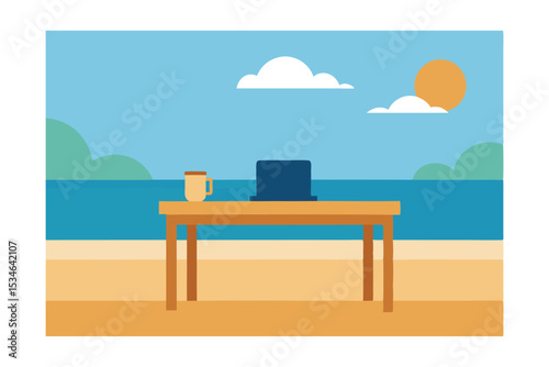 Remote Work Paradise Beachfront Laptop, Coffee, and Sun