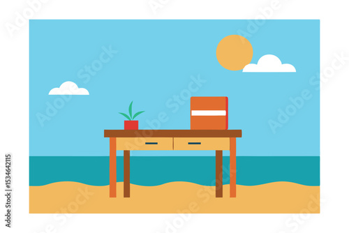 Beach Office Desk, Plant, and Ocean View - Work From Paradise Illustration