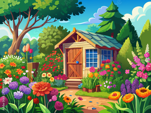 vector of A lush garden with vibrant flowers and a cozy wooden shed.