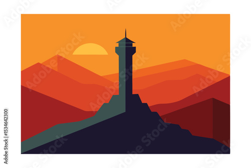 Majestic Sunset Silhouette Towering Lighthouse on Mountain Peak