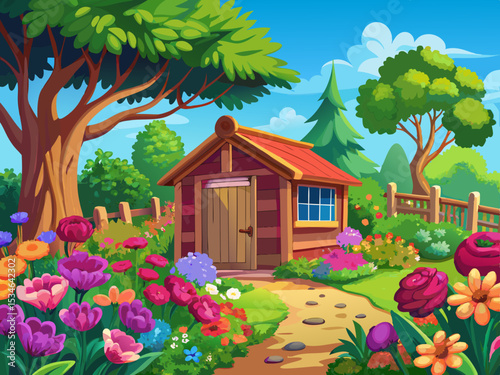 vector of A lush garden with vibrant flowers and a cozy wooden shed.