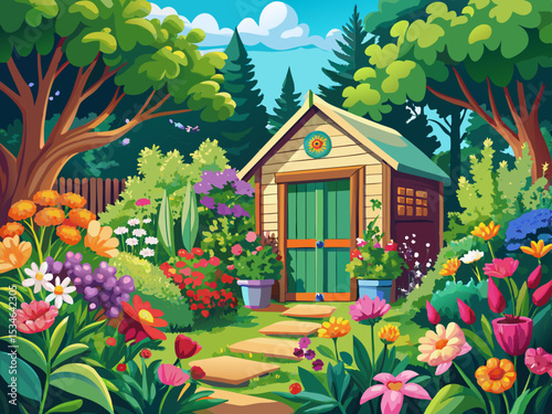 vector of A lush garden with vibrant flowers and a cozy wooden shed.