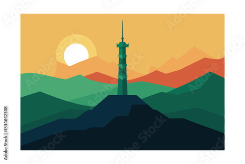 Sunset Vista Mountaintop Tower Silhouette Illustration