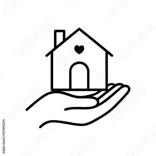 Vector outline icon of a house with heart in hand. Minimal linear style, perfect for real estate, charity, home care, insurance, housewarming, mortgage, support services, and infographic design.
