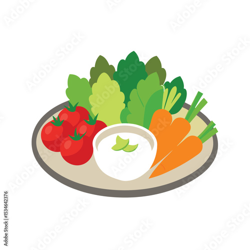 Healthy Vegetable Platter with Creamy Dip Fresh Carrots, Tomatoes, and Greens