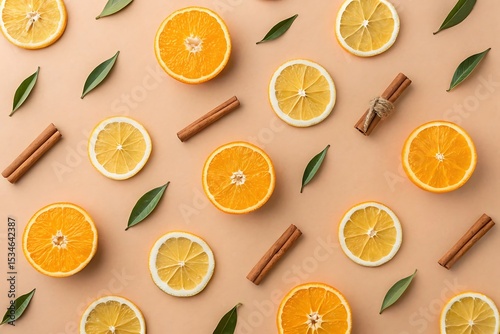 Citrus and Spice Flatlay: A vibrant flatlay showcasing a delightful arrangement of orange and lemon slices interspersed with cinnamon sticks and green leaves on a warm peach background. 