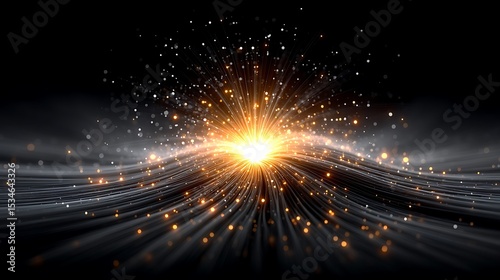 A dazzling explosion of golden micro-particles radiating in all directions, caught mid-burst over a faded charcoal backdrop