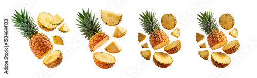 A whole pineapple with its crown of leaves, sliced into pieces and rings, floating against a bright gradient background. Ideal for tropical fruit and food themes.