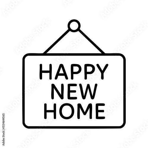 Vector outline icon of a hanging sign with Happy New Home text. Minimal linear style, perfect for housewarming cards, gifts, real estate materials, home decor, social media, and digital design.