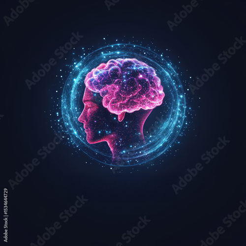 Digital illustration of a human head with a glowing brain surrounded by a vibrant, swirling energy field on a dark background.
