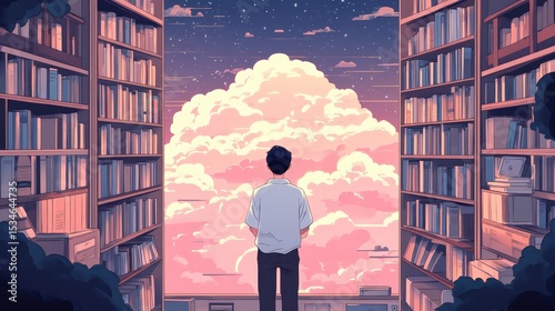 A person stands between tall bookshelves, gazing at a dreamy sky filled with clouds and stars, blending knowledge and imagination.