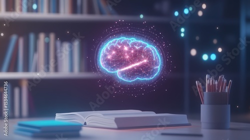 A glowing digital brain hologram floats above an open book on a desk, symbolizing knowledge, learning, and technology in a modern study setting.