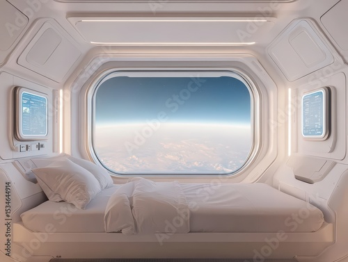 A futuristic, minimalist space capsule bedroom with a large window showing a breathtaking view of Earth