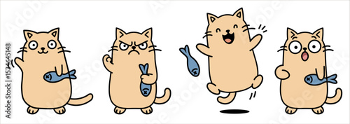 Cute cartoon cat with expressive faces holding a fish: surprised, angry, happy, and waving. Fun and playful character set for stickers, comics, or children's content.