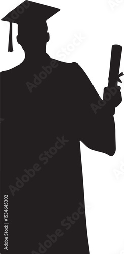 Silhouette of a graduating student celebrating academic achievement and holding a diploma scroll
