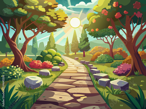 vector of Stone path, gardens and trees on a sunny day with sunlight shining through the trees in the garden